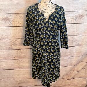 Boden Fine Corduroy Dress Peacock Print 3/4 Sleeves V-neck Size 6